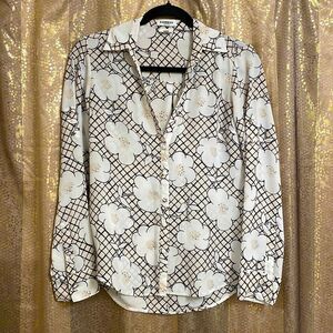 Express white/black/ivory floral print portifino button down blouse, XS slim